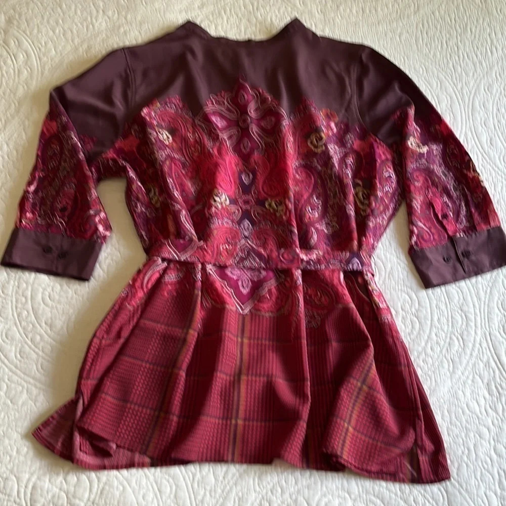 Tunic Top Women’s 2X Paisley & Plaid Print Plum Silky Office Party‎ Boho